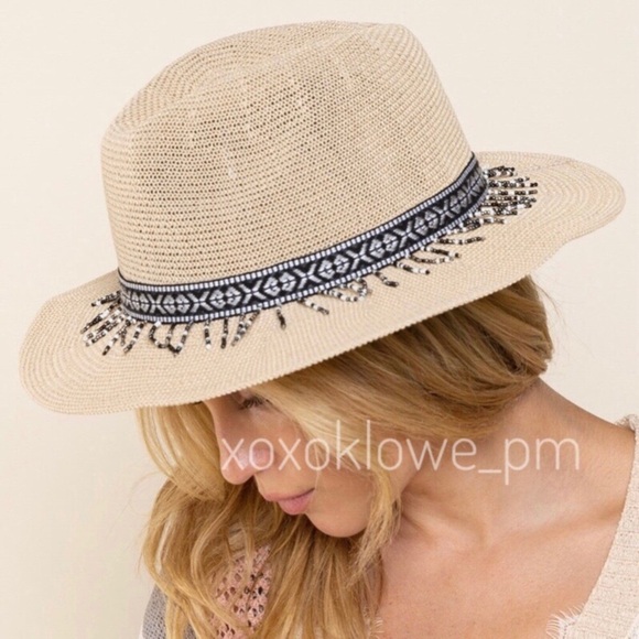 POL Natural + Decorative Beaded Fringe Band Woven Sun Hat - Picture 7 of 13